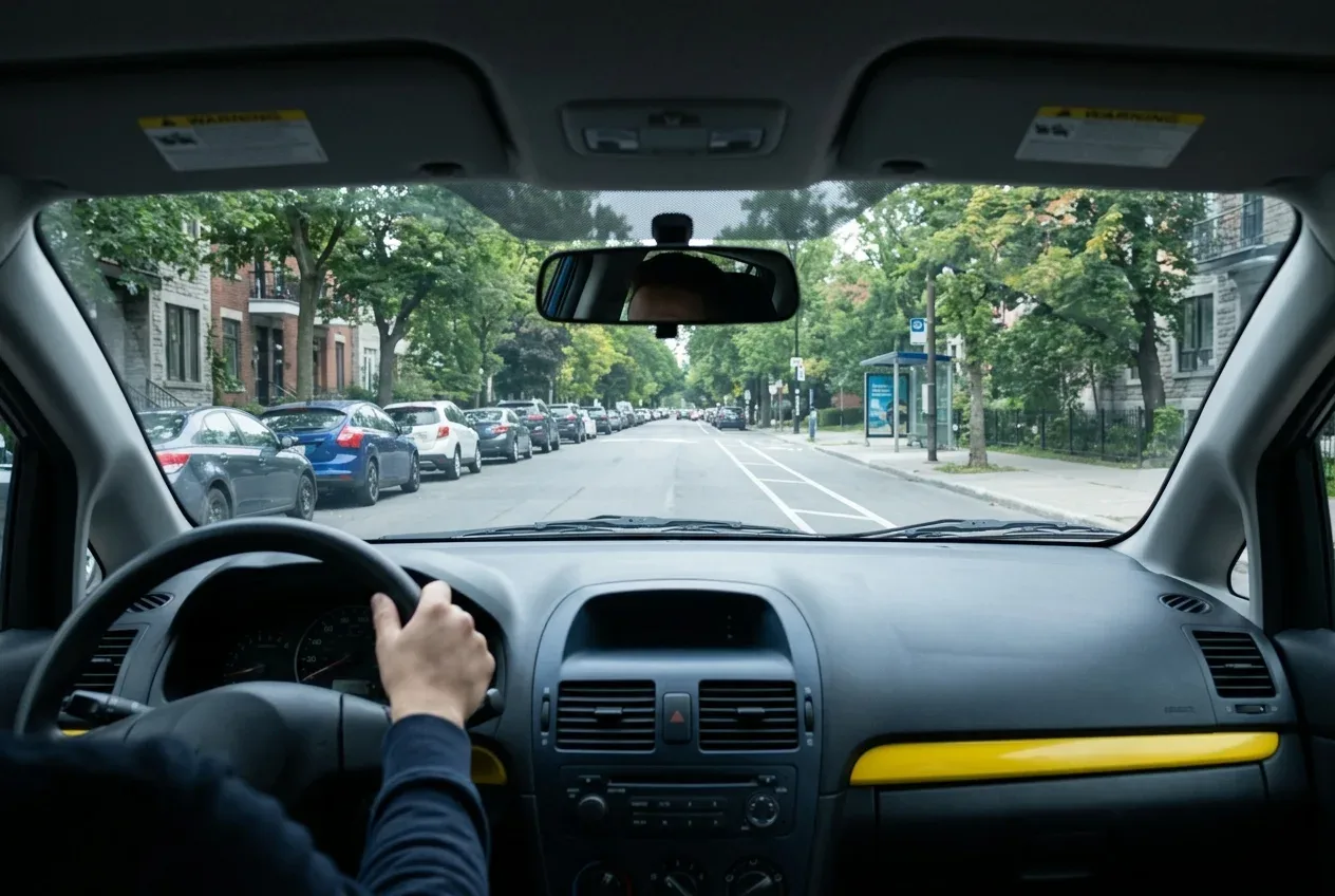 Instructeur et élève pendant une leçon de conduite privée dans une rue résidentielle de Montréal