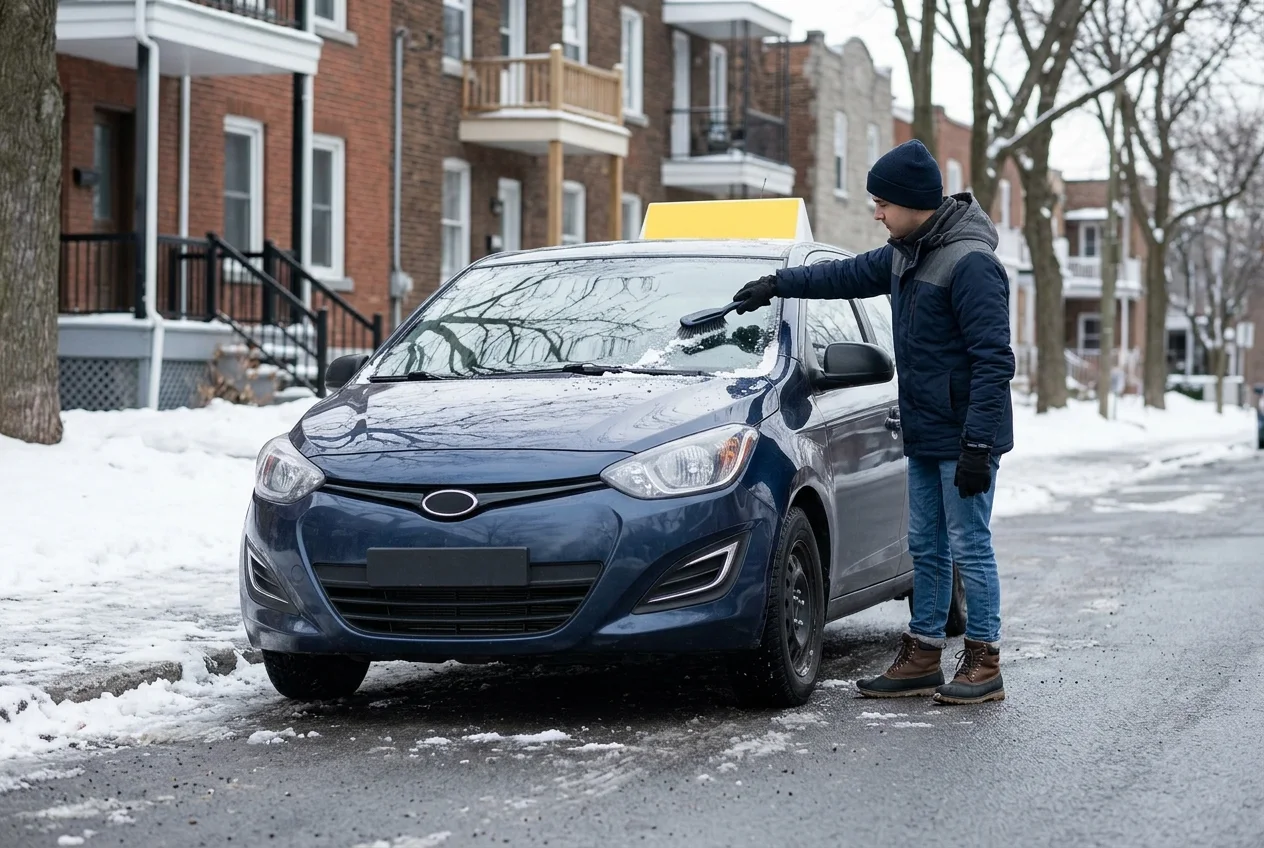Préparation d'une voiture sur une rue de Montréal en hiver