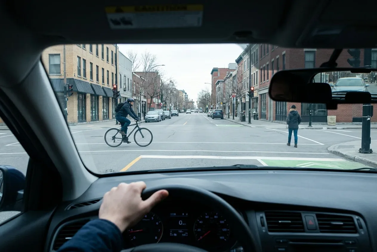 Intersection observée avec un cycliste et un piéton à distance sécuritaire